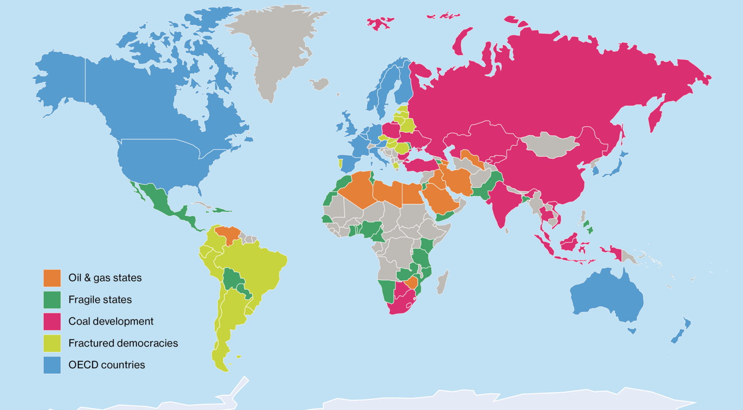 What countries depend on coal, who profits from oil production and which nations are fragile? The FutureLab CERES project is studying how these factors impact climate protection. World map showing climate protection