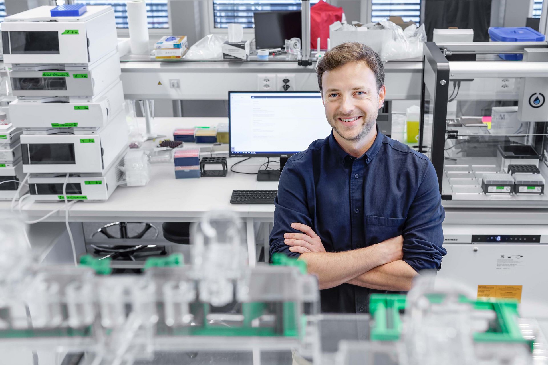 Yannick Devaud at the UZH Life Science Incubator Lab in Schlieren, near Zurich, where the biotechnologist is free to use the research equipment to prepare and perfect his invention for market. Photo of biotechnologist Yannick Devaud.
