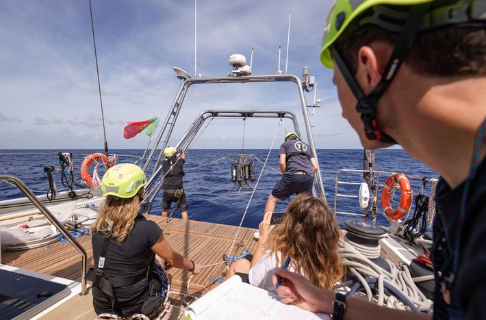Mit Stahlkappenschuhen und Helm vor möglichen Verletzungen geschützt, stabilisieren Hedy Aardema, Hans Slagter und Ralf Schiebel die Wasserschöpfer-Rosette mithilfe von Seilzügen und manövrieren sie vorsichtig ins Meer.