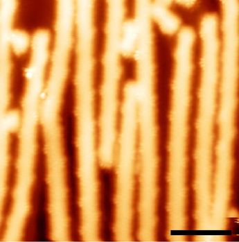 Image of carbon nanoribbons rendered by the scanning tunnelling microscope at different magnifications.