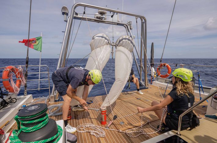 Not a pair of wind-filled trousers, but a pair of zooplankton nets are used to collect plankton samples. The weave is so fine that the nets can collect even the smallest creatures living in the seawater—microzooplankton—which the team then analyse.