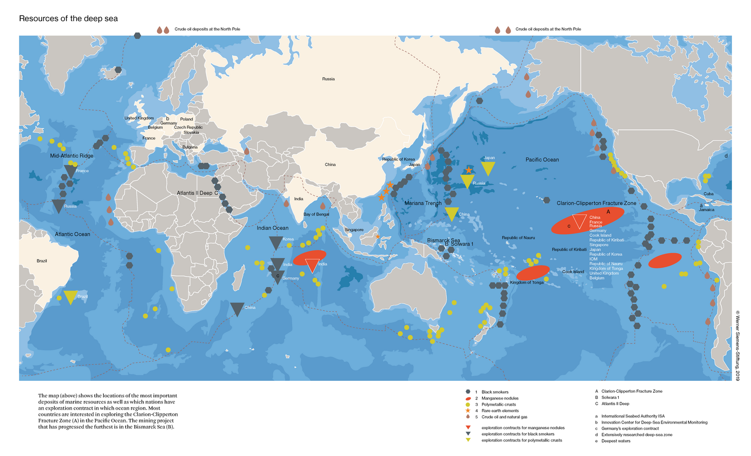 Some 30 companies hold a contract to explore the deep sea for resources. Where are the treasures hidden? And who wants them? A brief introduction. Illustration of the deep-sea resources.