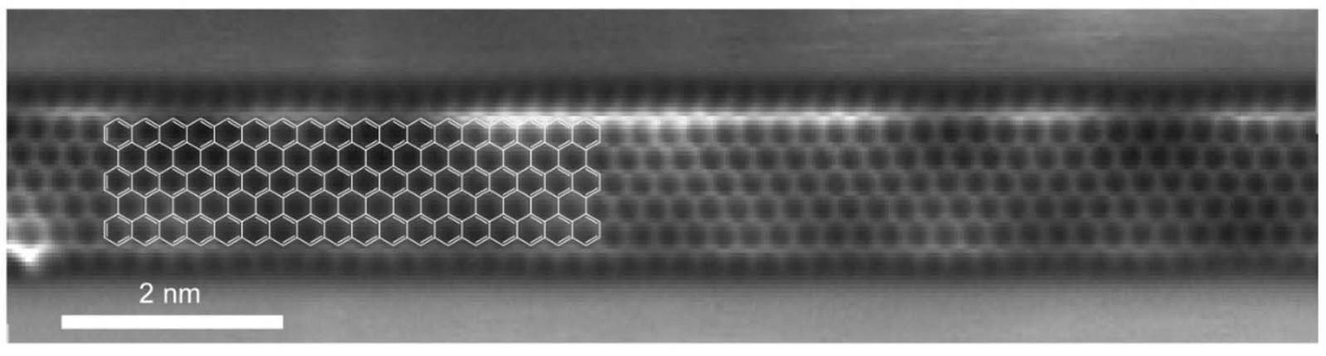 Magnified by a factor of ten million: the atomic structure of a carbon nanoribbon synthesised by the CarboQuant team.