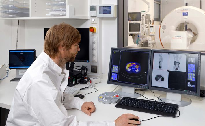 The researchers need powerful computers to interpret the abundance of data produced by the full-body scanner. A researcher at the computer