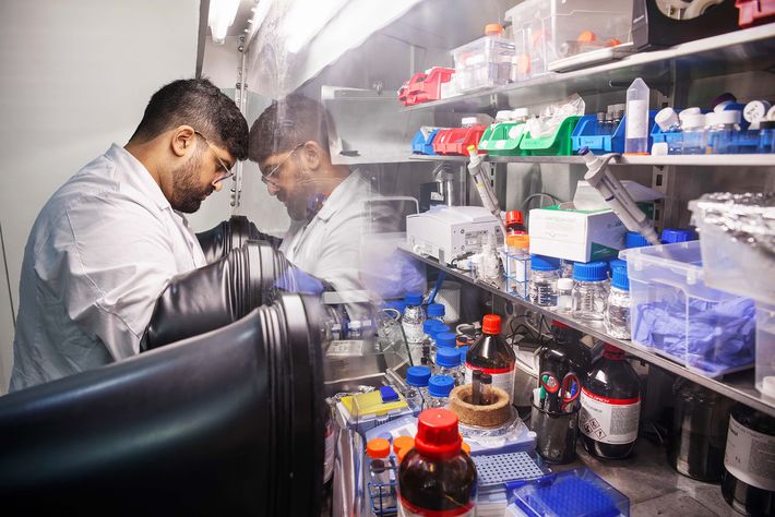 In lab spaces with so-called “glove boxes”, scientists can process and analyse sensitive substances with the necessary care. A researcher processing sensitive substances with glove boxes