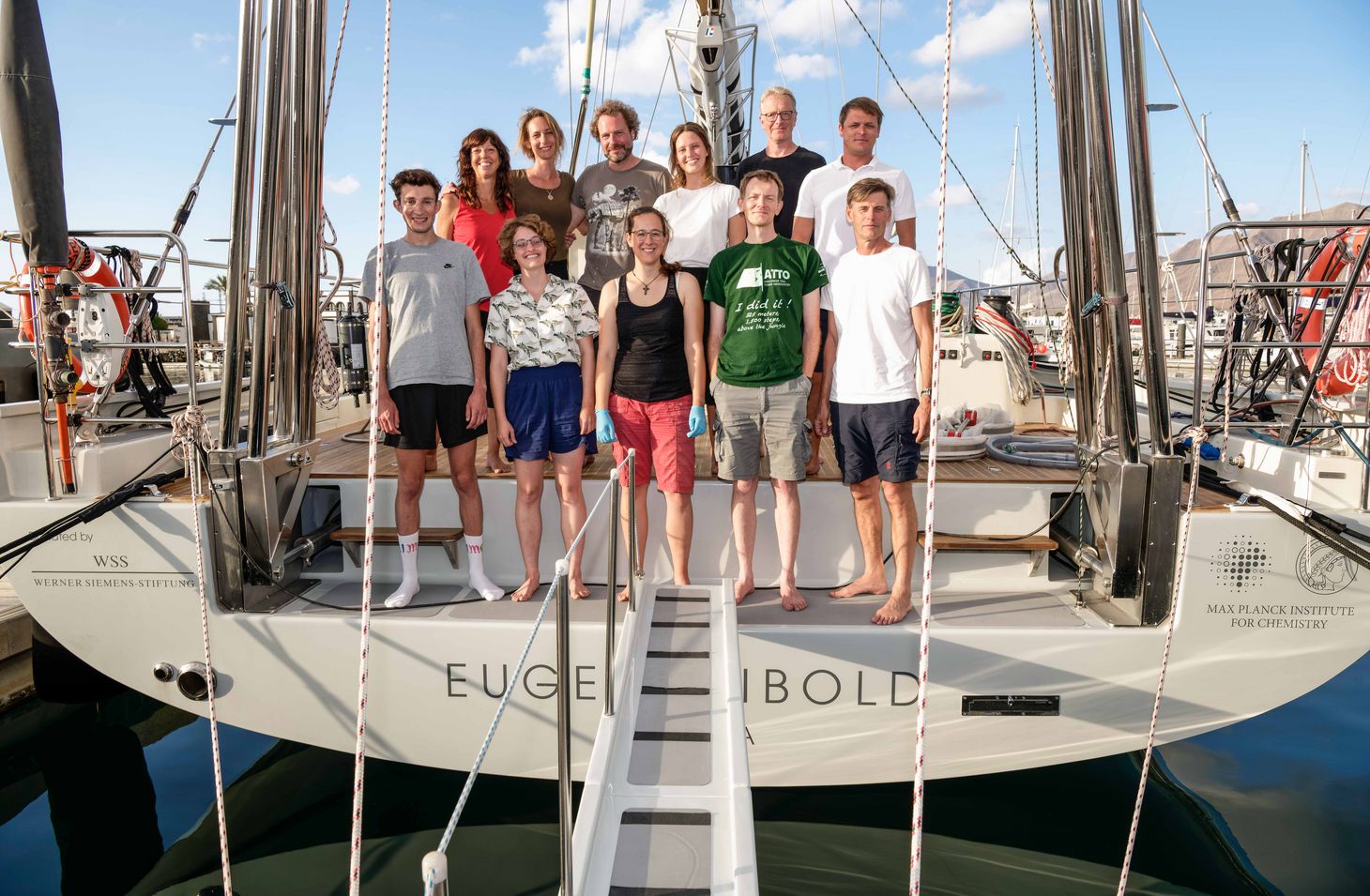 The happy crew after arriving at Marina Rubicón on the south coast of Lanzarote. Top row (from left): marine chemist Maria Calleja, oceanographer Hedy Aardema, marine chemist Hans Slagter, ship steward Adeele Kuslap, geologist and project leader Ralf Schiebel, captain Karl Vahtra. Bottom row (from left): ETH students Jonas Schneider, Sixtine Dromigny and Janine Schmitter, data manager David Walter, helmsman Argo Kruusmagi.